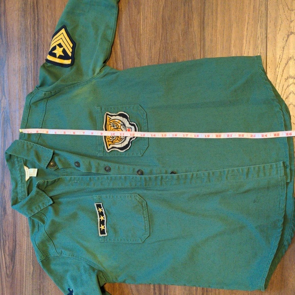 Army Patches style Green Button Down Shacket Shirt Jacket Cotton - Picture 5 of 9